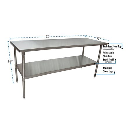 Bk Resources Work Table 16/304 Stainless Steel With Stainless Steel Shelf 72"Wx36"D CVT-7236